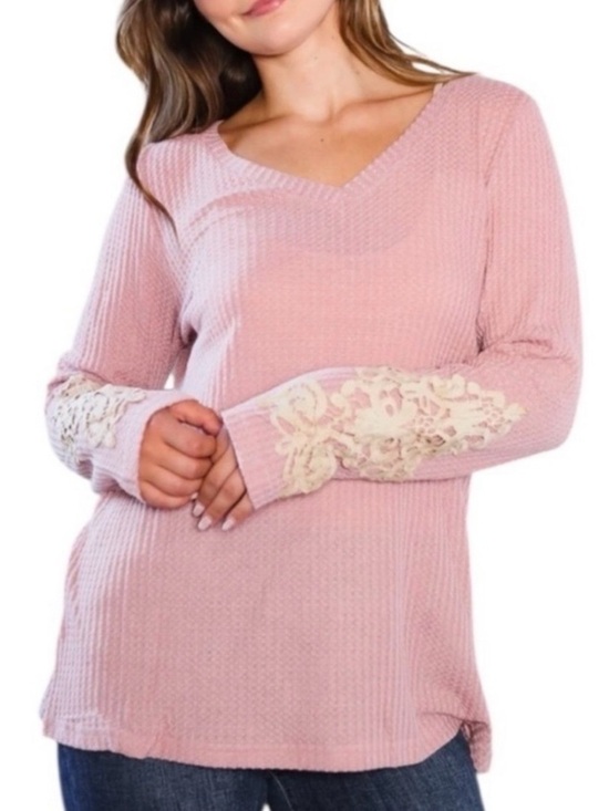 And The Why Tops - AND THE WHY? Pink Long Sleeve Thermal Top with Antique Lace Accent on the Sleeve